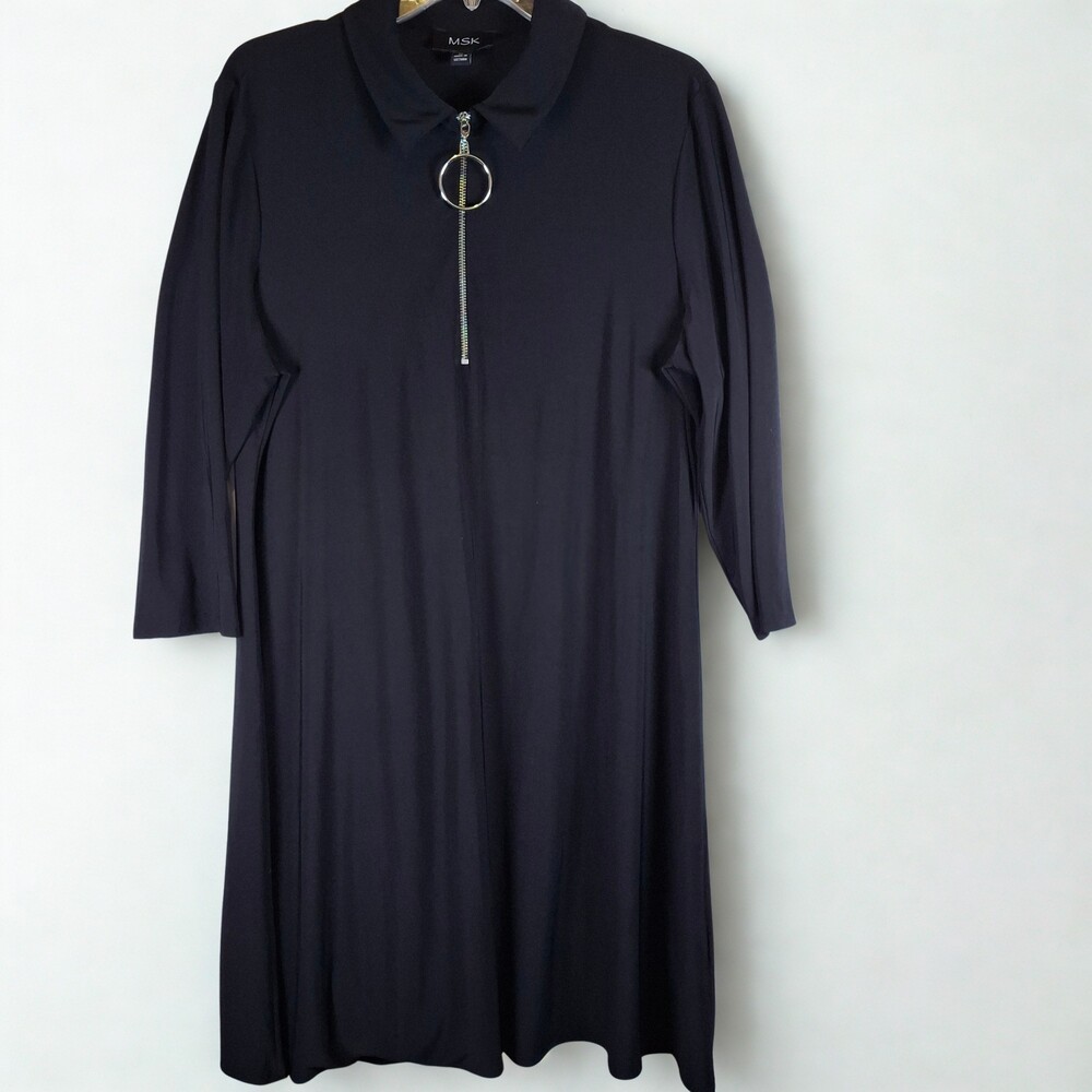 MSK Women's XL Black A-Line Midi Dress 3/4 Sleeve O-Ring Zip Collared Stretch